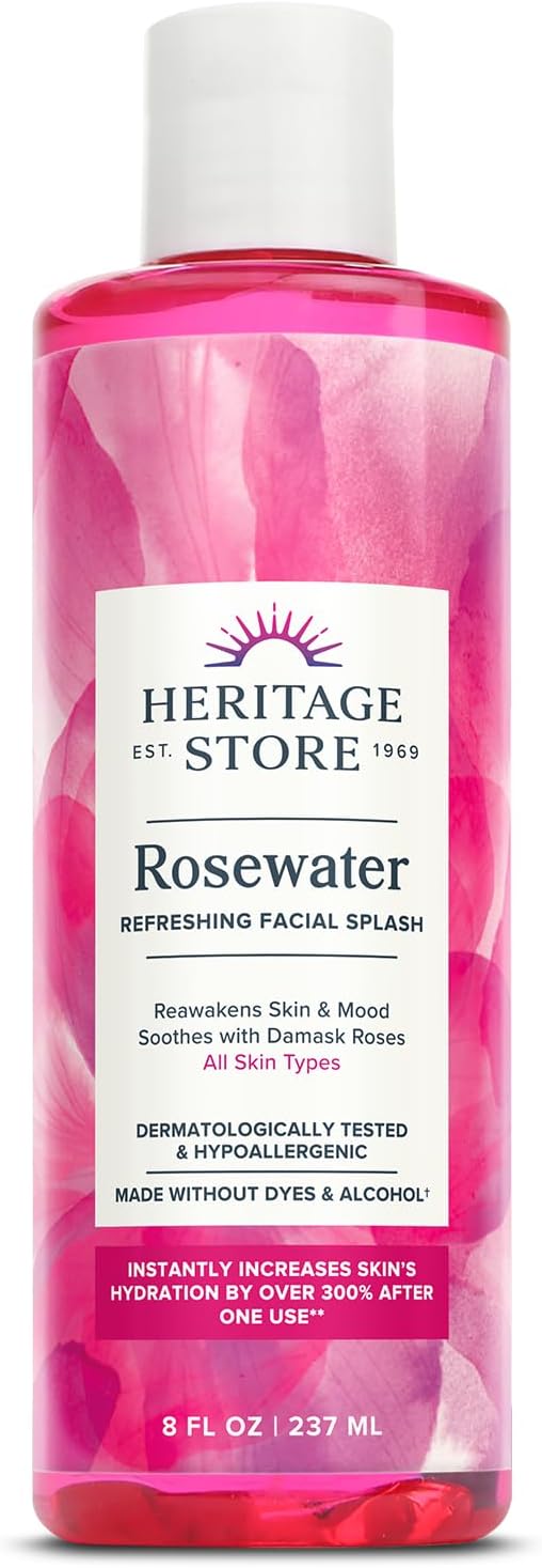 HERITAGE HERITAGE STORE Rosewater - Refreshing Facial Splash for Glowing Skin with Damask Rose - All Skin Types - Rose Water for Face - Made Without Dyes or Alcohol, Hypoallergenic, Vegan, Cruelty Free, 8oz skincare