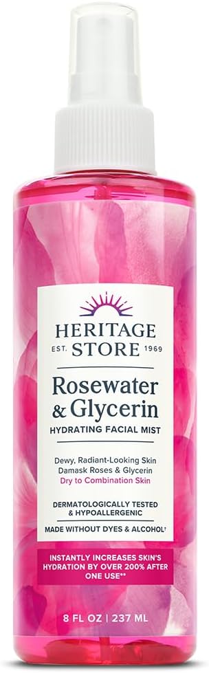 HERITAGE HERITAGE STORE Rosewater & Glycerin Hydrating Facial Mist - Dry Combination Skin Care - Rose Water Spray w/ Vegetable Glycerine, Made Without Dyes or Alcohol, Hypoallergenic, Vegan, Cruelty Free, 8oz skincare