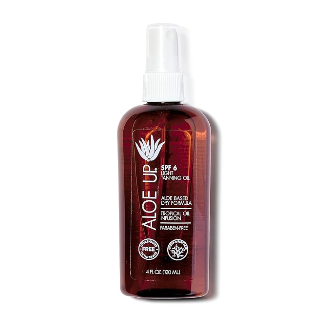 ALOE UP Aloe Up Light Tanning Oil With SPF 6 Sunscreen - Body and Face Tanning for Outdoor Sun - With Pure Aloe Vera Oil and Natural Oils - Absorbs Quickly - Reef Friendly - Fresh Tropical Scent - 4 Oz Sunscreen
