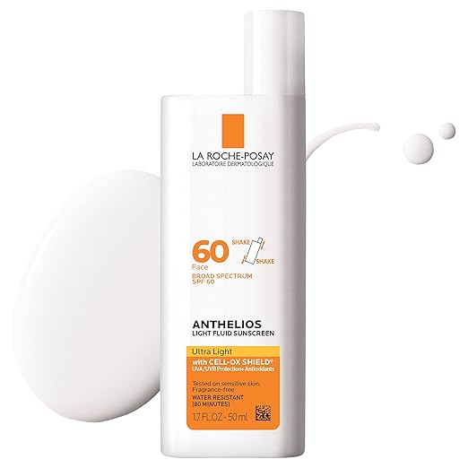 La Roche-Posay Anthelios Light Fluid Facial Sunscreen SPF 60, Lightweight Sunscreen For Face, Fluid Texture, Broad Spectrum SPF + Antioxidants, Oil Free & Oxybenzone Free, Travel Size 1.7 Fl. Oz. Sunscreen