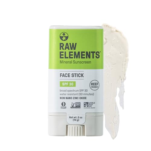 Raw Elements Raw Elements Face All-Natural Mineral Sunscreen Stick, Non-Nano Zinc Oxide, 95% Organic, Water-Resistant 80 Min, Reef Safe, All Ages Safe, SPF 30+, Travel Sunblock 0.5 oz Sunscreen