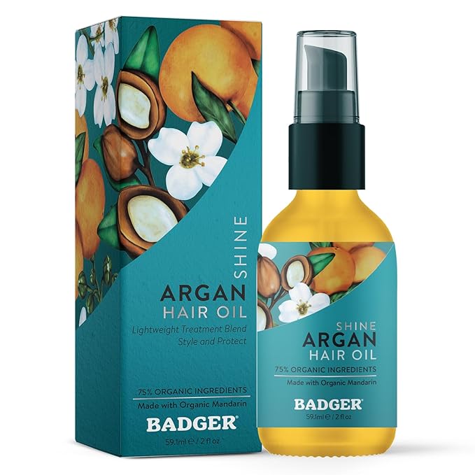 Badger Badger Organic Argan Hair Oil, Restore a Healthy Shine to Dry Brittle Hair, Organic Moroccan Argan Oil Hair Moisturizer/Hair Serum, 2 fl oz Glass Bottle Serum