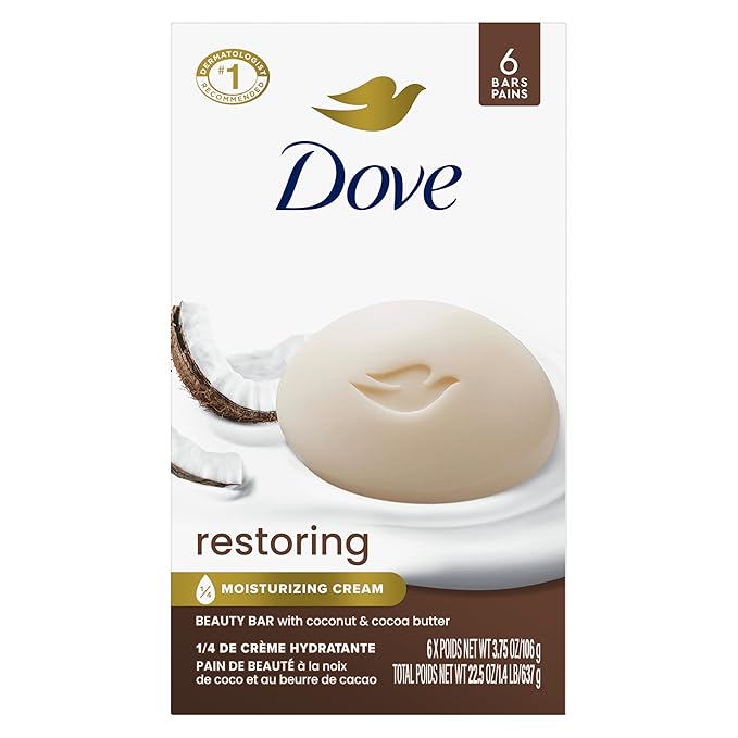 Dove Dove Beauty Bar Soap Restoring Coconut & Cocoa Butter 6 Count for Restored Skin, Nourishes Skin 3.75 oz Korean face wash