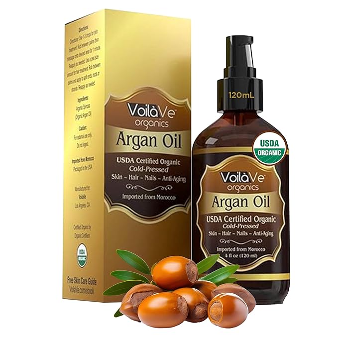 VoilaVe VoilaVe USDA Pure Organic Moroccan Argan Oil for Skin, Nails & Hair Growth, Anti-Aging Face Moisturizer, Cold Pressed, Hair Moisturizer, Rich in Vitamin E, As Seen On TV - 4 fl oz Moisturiser