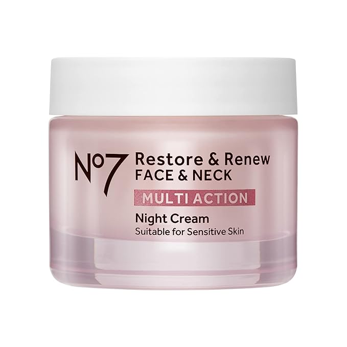 No7 No7 Restore & Renew Multi Action Night Cream for Face & Neck - Nighttime Face Moisturizer with Collagen Peptides - Anti Aging Skin Care for Crepey Skin with Hyaluronic Acid & Ceramides (1.69 Oz) Moisturiser