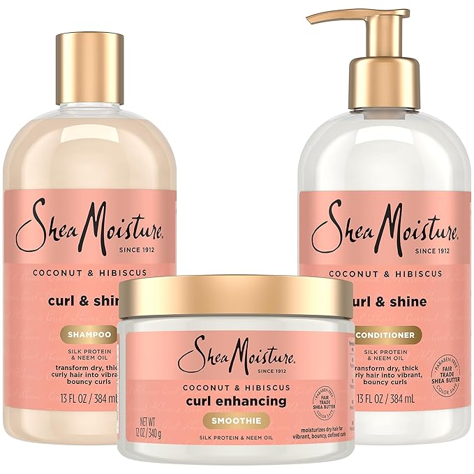 Shea Moisture SheaMoisture Coconut & Hibiscus Curl & Shine Shampoo & Conditioner + Curl Enhancing Smoothie for Bouncy Curls, Frizz Control, Gifts for Women Moisturiser