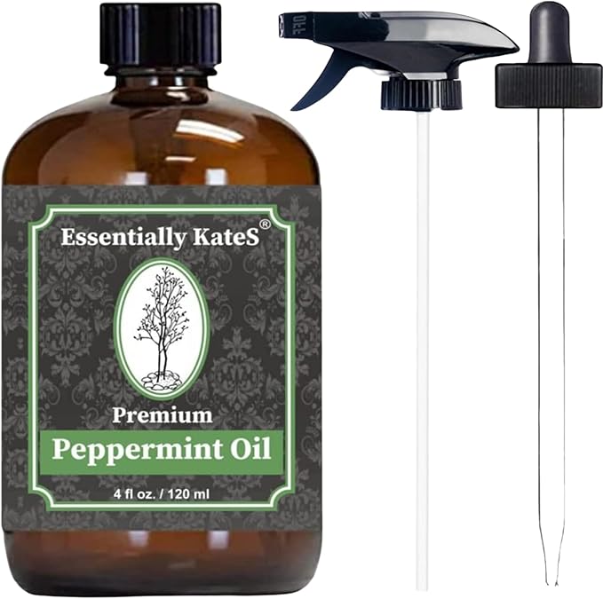 Essentially KateS Peppermint Essential Oil 4 oz. with Huge Glass Bottle, Glass Dropper, and Sprayer. Detailed User