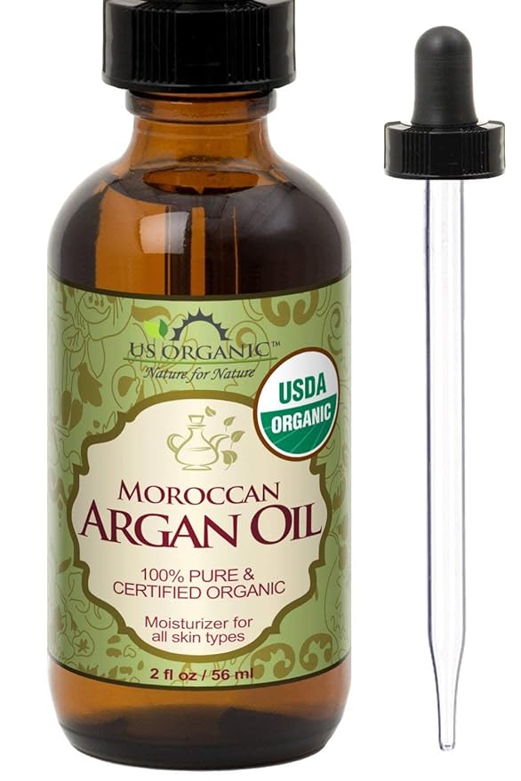 US Organic US Organic Moroccan Argan Oil, USDA Certified Organic,100% Pure & Natural, Cold Pressed Virgin, Unrefined, 2 Oz in Amber Glass Bottle, for Hair treatment, Skin, Nail, Cuticle, Sourced from Morocco. skincare