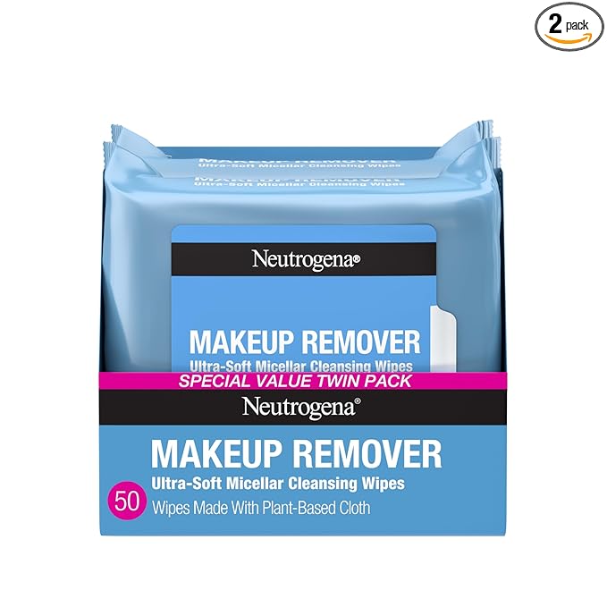 Neutrogena Neutrogena Makeup Remover Wipes Micellar Alcohol-Free Face Towelettes Remove Waterproof Mascara & Oil, Compostable 100% Plant-Based Cloth, Dermatologist & Ophthalmologist Tested, Twin Pack 2 x 25 ct skincare