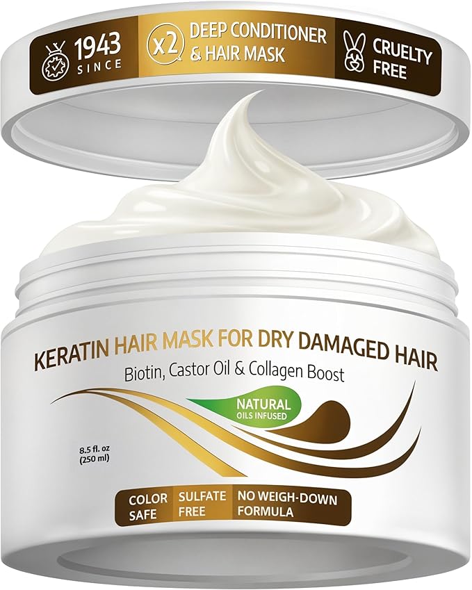 VITAMINS hair cosmetics VITAMINS hair cosmetics Keratin Hair Mask - Protein Repair Keratin Treatment - Deep Conditioner for Dry, Damaged, Curly, Straight & Frizzy Hair with Biotin, Collagen & Castor Oil - 8.5 Fl Oz skincare