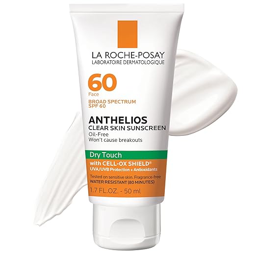 La Roche-Posay Anthelios Clear Skin Sunscreen Dry Touch SPF 60, Oil Free Sunscreen For Face, Oil Absorbing, Broad Spectrum SPF + Antioxidants, Non-Greasy, Oxybenzone Free, Travel Size Sunscreen