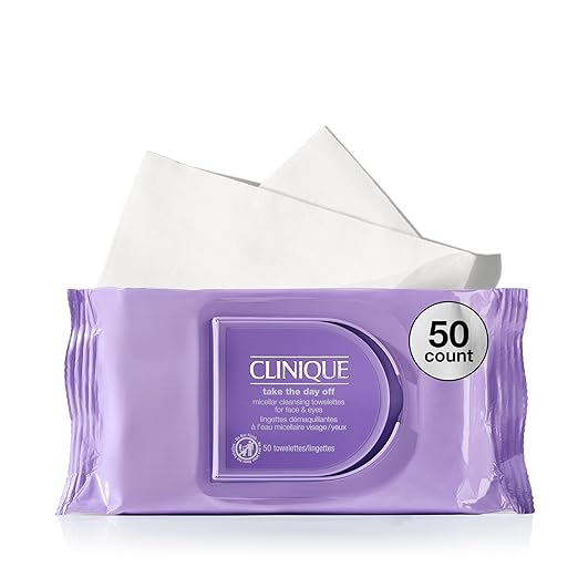 Clinique Take The Day Off Micellar Cleansing Makeup Remover Wipes For Face and Eyes | For All Skin Types | No Water Required | Perfect For Gym or Travel, 50 Count skincare