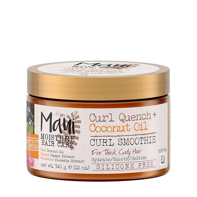 Maui Moisture Maui Moisture Curl Quench + Coconut Oil Hydrating Curl Cream Smoothie, Curly Hair Styling Cream with Coconut Oil & Papaya Butter Helps Tame Frizz & Enhance Softness, Silicone Free, 12 oz Moisturiser