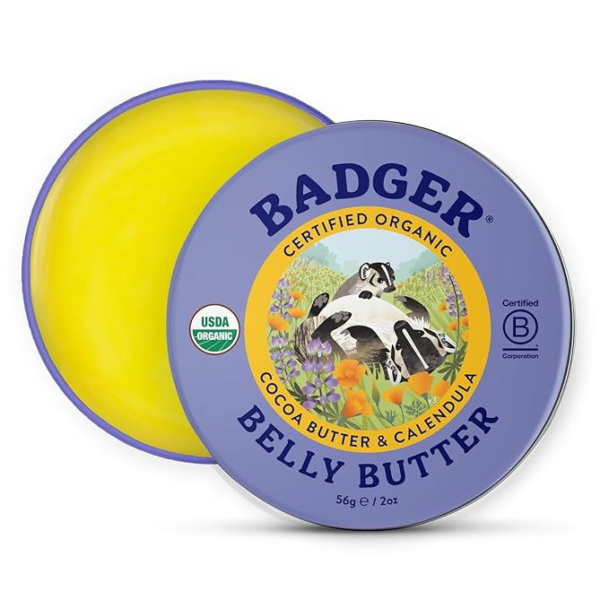 Badger Badger Belly Butter, Organic Stretch Mark Cream for Pregnant Belly, Rich Hypoallergenic Moisturizing Organic Cocoa Butter & Coconut Body Butter for Women, 2 oz Tin Moisturiser