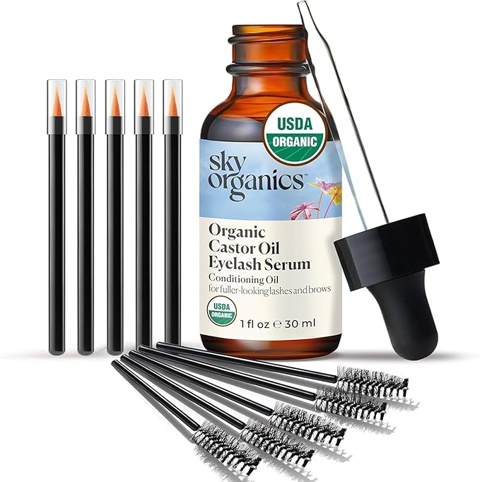 Sky Organics Sky Organics - USDA Organic Castor Oil Eyelash Serum (1 fl oz/30 mL) Brown Glass Bottle for UV Protection - Fuller-Looking Eyebrow & Lash Serum - Conditioning Hair Oil - Vegan, Cruelty Free, Self Care Serum