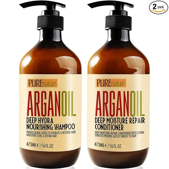 PURE NATURE LUX SPA Argan Oil Shampoo and Conditioner Set - Sulfate Free Moroccan Care with Keratin - For Curly, Straight, Dry and Damaged Hair - Moisturizing, Hydrating, Anti Frizz Salon Technology Moisturiser