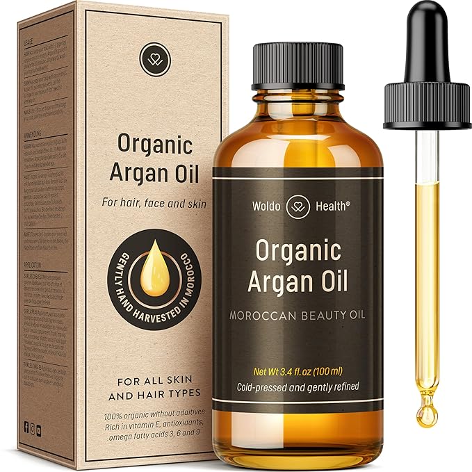 WoldoHealth Organic Argan Oil Cold Pressed 3.4 Fl Oz - Moroccan Beauty Oil for Hair, Skin, Nails & Face, Vitamin E Rich, Non-Greasy, Natural Moisturizer Moisturiser