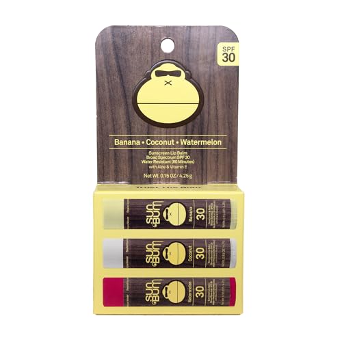 Sun Bum Sun Bum SPF 30 Sunscreen Lip Balm 3 Flavor Variety Pack - Coconut, Banana, Watermelon - Moisturizing Aloe Vera and Vitamin E - Vegan and Cruelty Free - UVA/UVB Lip Protection - 0.15 oz, 3 count Sunscreen