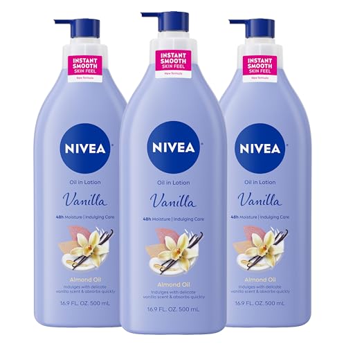 NIVEA NIVEA Oil Infused Vanilla and Almond Oil Body Lotion for Women, Fast-Absorbing and Non-Greasy Vanilla Scented Lotion Moisturizes for 48 Hours, 16.9 Fl Oz Pump Bottle, Pack of 3 Moisturiser
