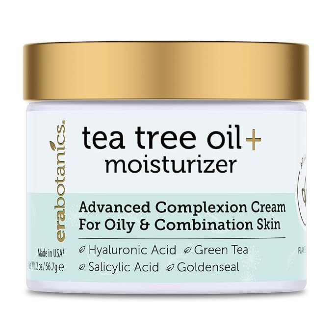 Era Organics Tea Tree Moisturizer Cream - Advanced Oily Skin Moisturizer for Acne Prone Skin - Non-Greasy Tea Tree Oil Face Cream Enhanced With Salicylic Acid, Green Tea, Zinc - Made in USA Moisturiser