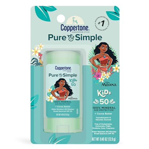 Coppertone Coppertone Pure and Simple Kids Exclusive Disney Moana Sunscreen Stick SPF 50, Hypoallergenic, Mineral Sunscreen for Kids, Water Resistant, Oxybenzone and Octinoxate Free, 0.49 Oz Stick Sunscreen