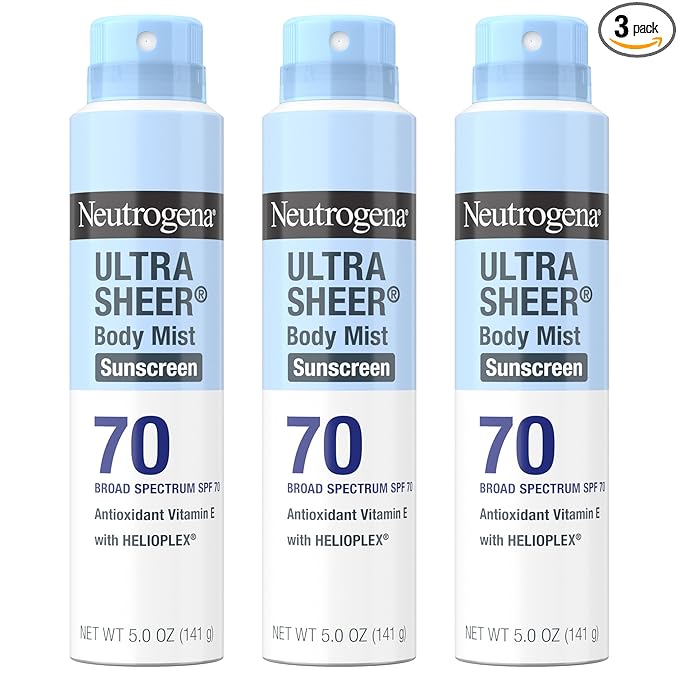 Neutrogena Neutrogena Ultra Sheer Body Mist Sunscreen Spray, Broad Spectrum SPF 70, Lightweight Spray Sunscreen, Non-Greasy & Water Resistant, Oil-Free & Non-Comedogenic UVA/UVB, 5 oz, Pack of 3 Sunscreen