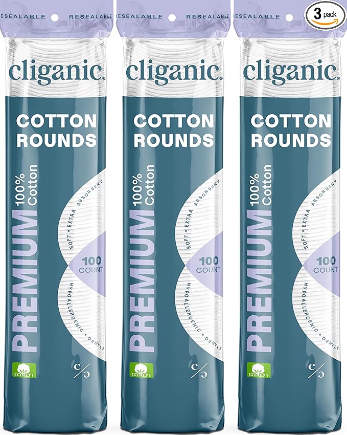Cliganic Cliganic Premium Cotton Rounds for Face (300 Count) - Makeup Remover Pads, Hypoallergenic, Lint-Free | 100% Pure Cotton Toner