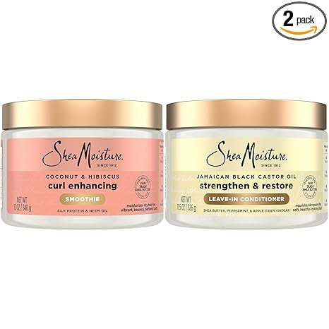 Shea Moisture SheaMoisture Leave-In Conditioner Bundle, Coconut & Hibiscus Curl Enhancing Smoothie for Curly Hair, Frizz Control + Jamaican Black Castor Oil Strengthen & Restore for Hair Repair Moisturiser