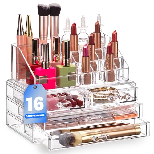 Masirs Masirs Clear Makeup Organizer - 16-Compartment Cosmetic and Jewelry Holder with 4 Drawers - Vanity Storage Box for Makeup, Skincare, Accessories, and Jewelry Display skincare