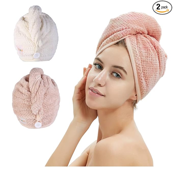 M-bestl 2 Pack Microfiber Hair Towel Wrap,Hair Drying Towel with Button, Hair Towel Turban,Quick Dry,Anti-frizz,Absorbent Head Towel (Pink&Beige) skincare