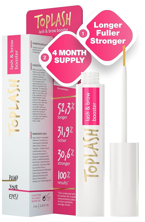 Toplash TOPLASH Eyelash Growth Serum - Innovative Formula for Longer, Thicker, Fuller Brows & Lashes - Natural, Cruelty-Free & Hypoallergenic - 0.10 fl.oz. Serum