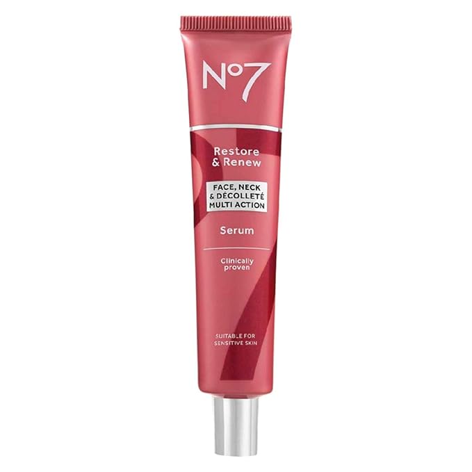 No7 No7 Restore & Renew Multi-Action Face & Neck Serum - Anti Aging Serum for Deep Wrinkle Repair - Collagen Infused Skincare with a Hydrating Blend of Hibiscus Peptides & Hyaluronic Acid (2.5 Fl Oz) Serum