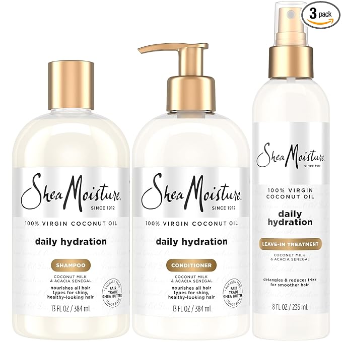 Shea Moisture SheaMoisture Shampoo & Conditioner + Leave-in Treatment, Daily Hydration with Coconut Oil, Hair Detangler, Frizz Control, Cruelty-Free (3 Piece Set) Moisturiser