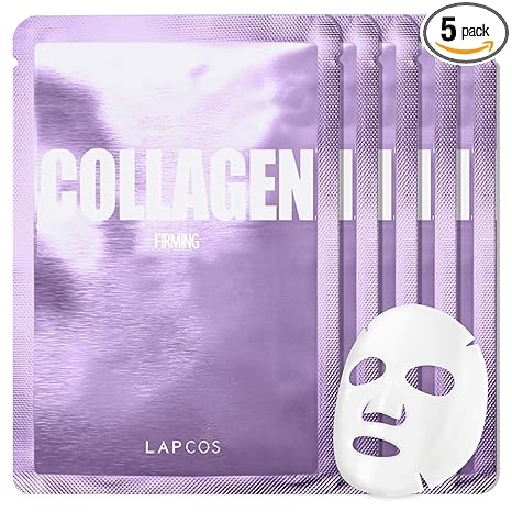 LAPCOS LAPCOS Collagen Sheet Mask, Firming Daily Face Mask with Collagen Peptides for Anti-Aging, Helps to Minimize Wrinkles, Restores Skin Elasticity & Firmness, Hydrating, Korean Beauty, 5-Pack Sheet Mask
