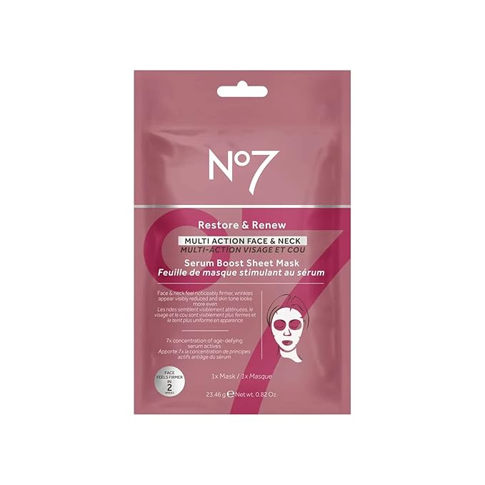 No7 No7 Restore and Renew Multi-Action Face and Neck Serum Boost Mask – Anti-Aging, Firming, Wrinkle-Reducing Sheet Mask for Hydrating and Brightening Uneven Skin Tone Sheet Mask