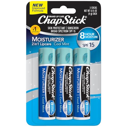 ChapStick ChapStick Moisturizer (Cool Mint Flavor, 0.15 Ounce, 3 Sticks) Lip Balm Tube, Skin Protectant, Lip Care, SPF 15 Sunscreen