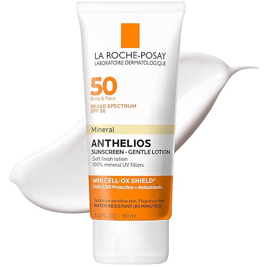 La Roche-Posay Anthelios Mineral Sunscreen SPF 50 Gentle Lotion, Broad Spectrum SPF + Antioxidants, Face & Body Sunscreen, Titanium Dioxide & Zinc Oxide, Oxybenzone Free, Oil Free Sunscreen