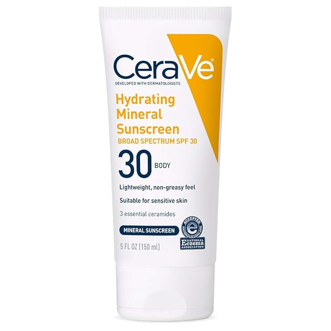 CeraVe CeraVe 100% Mineral Sunscreen SPF 30 with Zinc Oxide & Titanium Dioxide, Hyaluronic Acid & Ceramides, Oil Free, Non-Greasy, Hydrating Mineral Sunscreen For Body, 5 oz Sunscreen