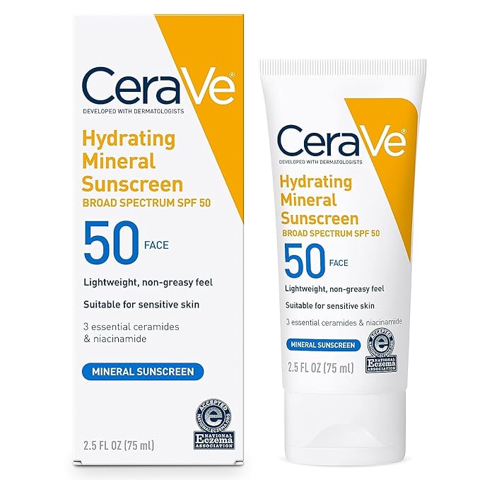 CeraVe CeraVe 100% Mineral Sunscreen SPF 50, Face sunscreen With Zinc Oxide & Titanium Dioxide, Hyaluronic Acid + Niacinamide + Ceramides, Oil Free, Travel Size 2.5 oz Sunscreen
