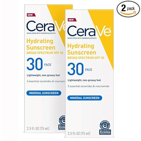 CeraVe CeraVe 100% Mineral Sunscreen SPF 30 | Face Sunscreen With Zinc oxide & Titanium Dioxide for Sensitive Skin | 2.5 Fl Oz, Pack Of 2 Sunscreen