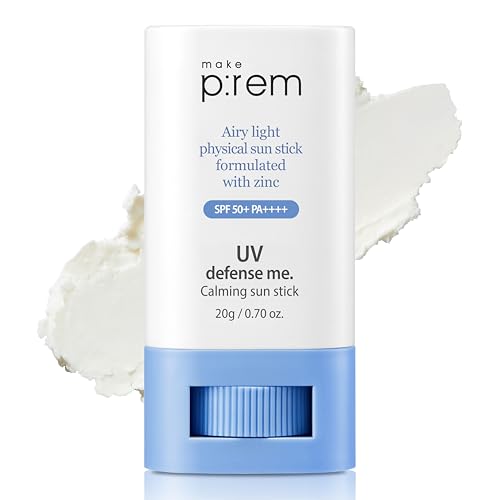 MAKEP:REM MAKEPREM UVA UVB Defense Me Calming Sun Stick Sunblock SPF 50+ PA++++ 0.7 Oz VEGAN Sensitive Oily Acne-Prone Skin Reef-Safe Mineral Sunscreen Non-Nano No Chemical UV Protection Non-Greasy Sticky Kids Sunscreen