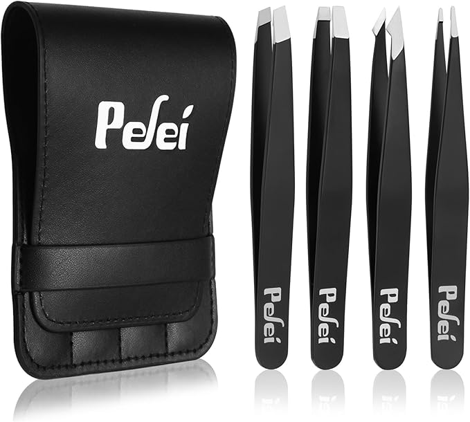 Pefei Pefei Tweezers Set - Professional Stainless Steel Tweezers for Eyebrows - Great Precision for Facial Hair, Splinter and Ingrown Hair Removal (Black) skincare