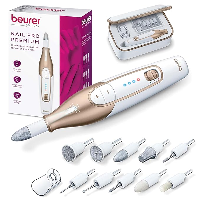 Beurer Beurer MP64 Nail Drill Kit, Cordless Electric Nail File with 10 Attachments and LED Light, Electric Manicure Set with Adjustable Speed, E-File for Manicure and Pedicure, with Storage Case skincare