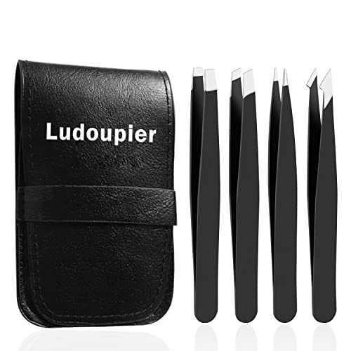 LUDOUPIER LUDOUPIER [4+1 Pieces] Tweezers Set with Travel Case, Great Precision Upgrade Professional Anti-rust Alloy Tweezers for Women & Men Multi-purpose as Eyebrows Facial Hair Ingrown Hair Removal skincare