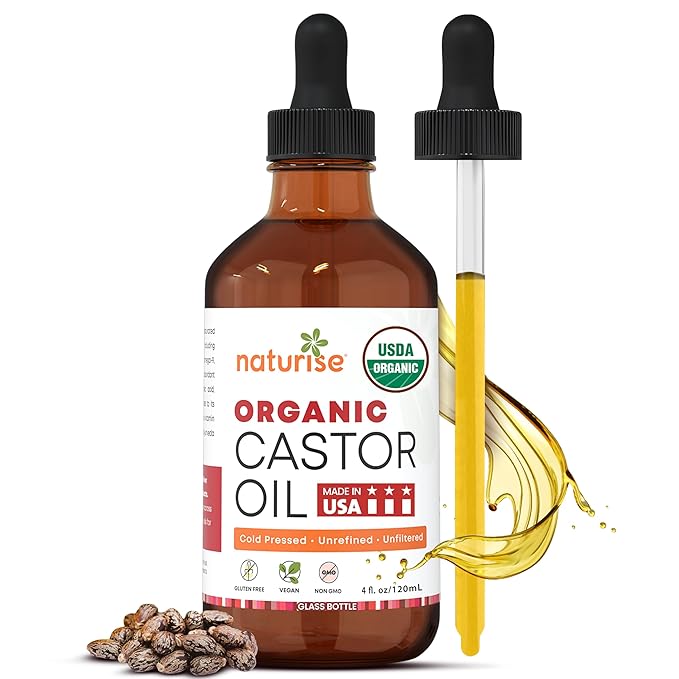 Naturise USDA Organic Castor Oil for Hair Growth – Pure Castor Oil Organic Cold Pressed & Unrefined in Glass Bottle – Vegan, Non-GMO Oils for Eyelash, Eyebrow, Hair, Skin & Face Support (4 fl oz) skincare