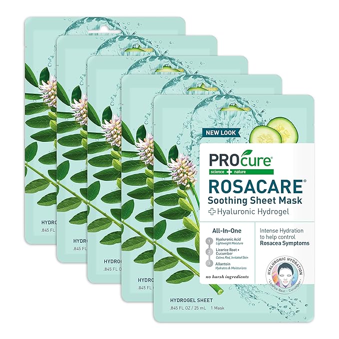 PROcure PROcure Rosacare Redness Relief Sheet Face Mask – 5 Pack – Hyaluronic Acid, Licorice Root & Cucumber for Sensitive Skin Hydration & Calming skincare