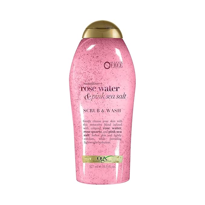 OGX OGX Sensitive + Rose Water & Pink Sea Salt Exfoliating Body Scrub + Rose Quartz, Gentle Exfoliating Daily Body Wash Softens Skin, Body Scrub for Women, Sulfate-Free Surfactants, 19.5 fl oz Korean face wash