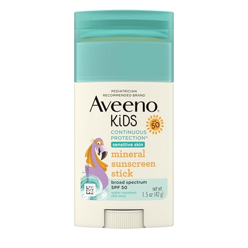 Aveeno Aveeno Kids Continuous Protection Zinc Oxide Mineral Sunscreen Stick for Sensitive Skin, Face & Body Sunscreen Stick for Kids with Broad Spectrum SPF 50, Sweat- & Water-Resistant, 1.5 oz Sunscreen