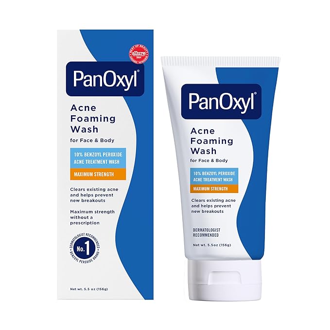 PanOxyl PanOxyl 10% Benzoyl Peroxide Acne Foaming Wash, Maximum Strength, Daily Acne-Fighting Face and Body Cleanser, Face Wash to Clear, Treat and Prevent Acne Pimples and Stubborn Breakouts, 5.5 Oz Tube Water Cleanser