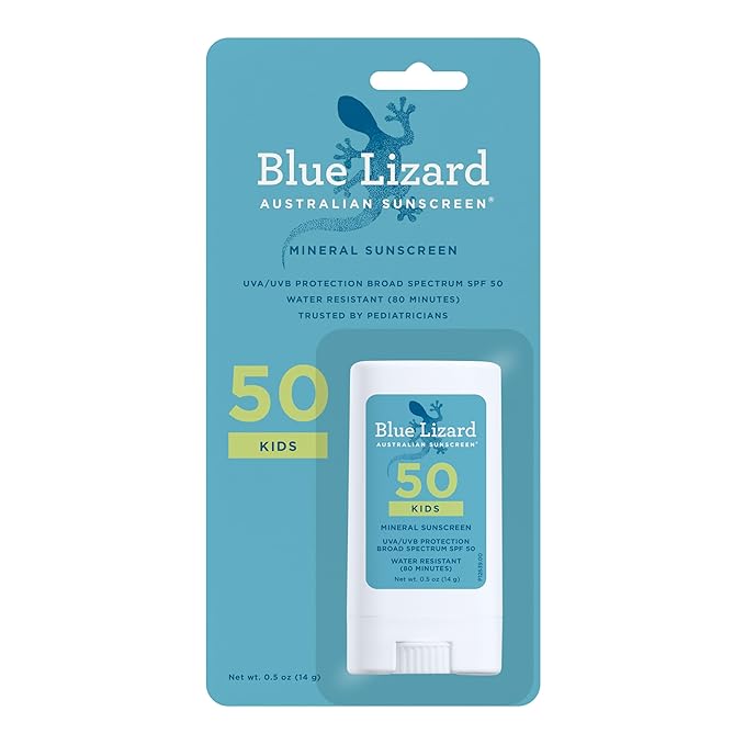BLUE LIZARD Blue Lizard Kids Mineral SPF 50 Sunscreen Stick, Zinc Oxide, 100% Mineral Actives, Developed for Kids’ Sensitive Skin, TSA-Friendly, Vegan, Paraben-free, Fragrance-Free, 0.5 oz Sunscreen